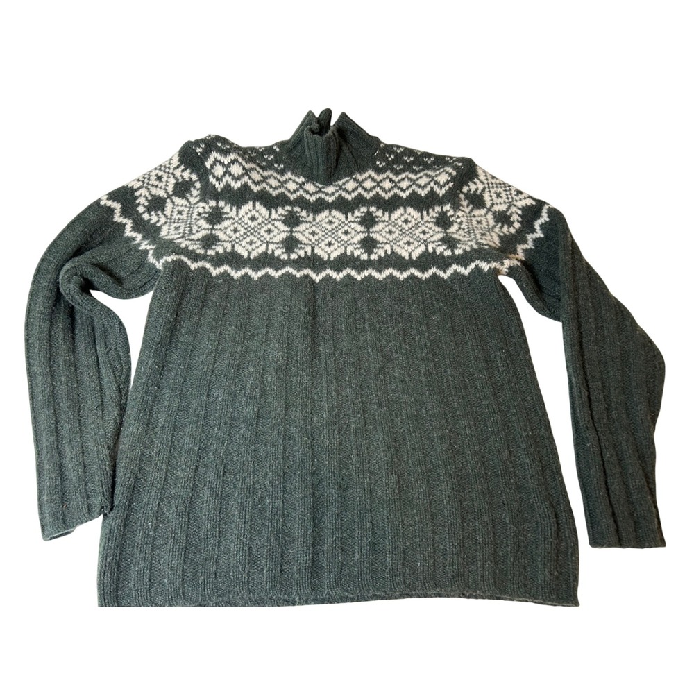 Old Navy Sweater Women's Large Green 100% Lambswool Fair Isle Mock Neck Ribbed